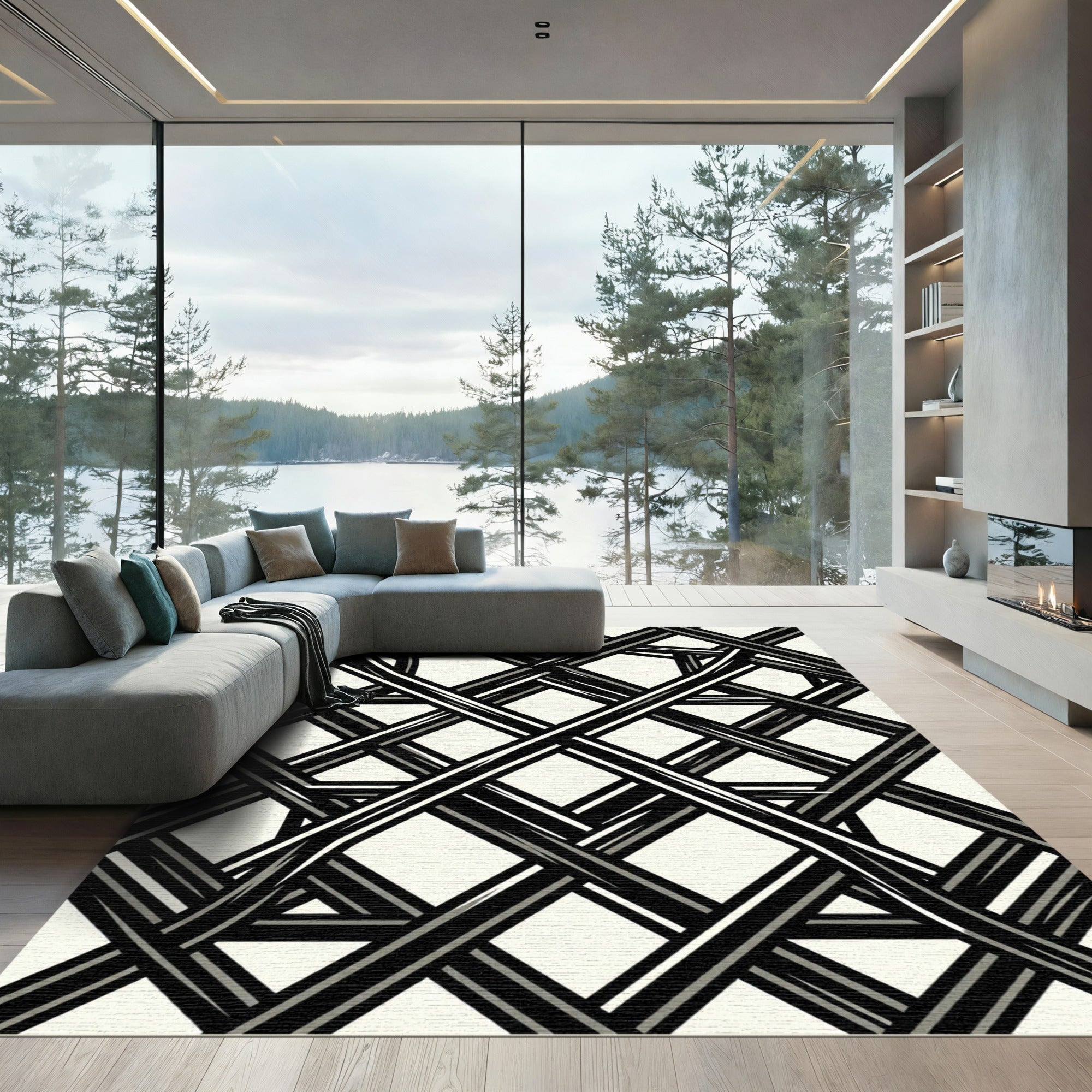Monochrome Black and White Geometric Lattice Rug