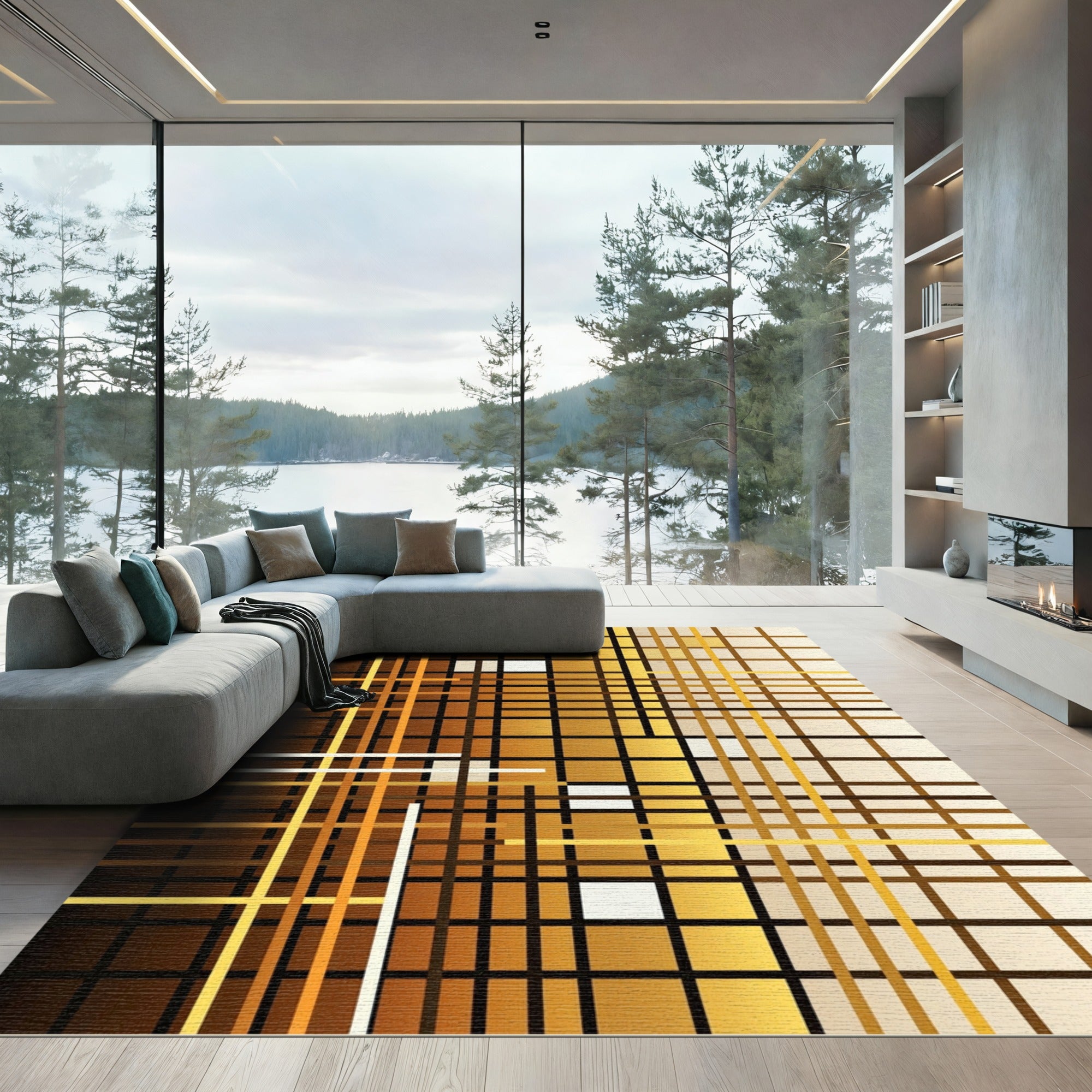 Abstract Amber Gold Geometric Grid Rug