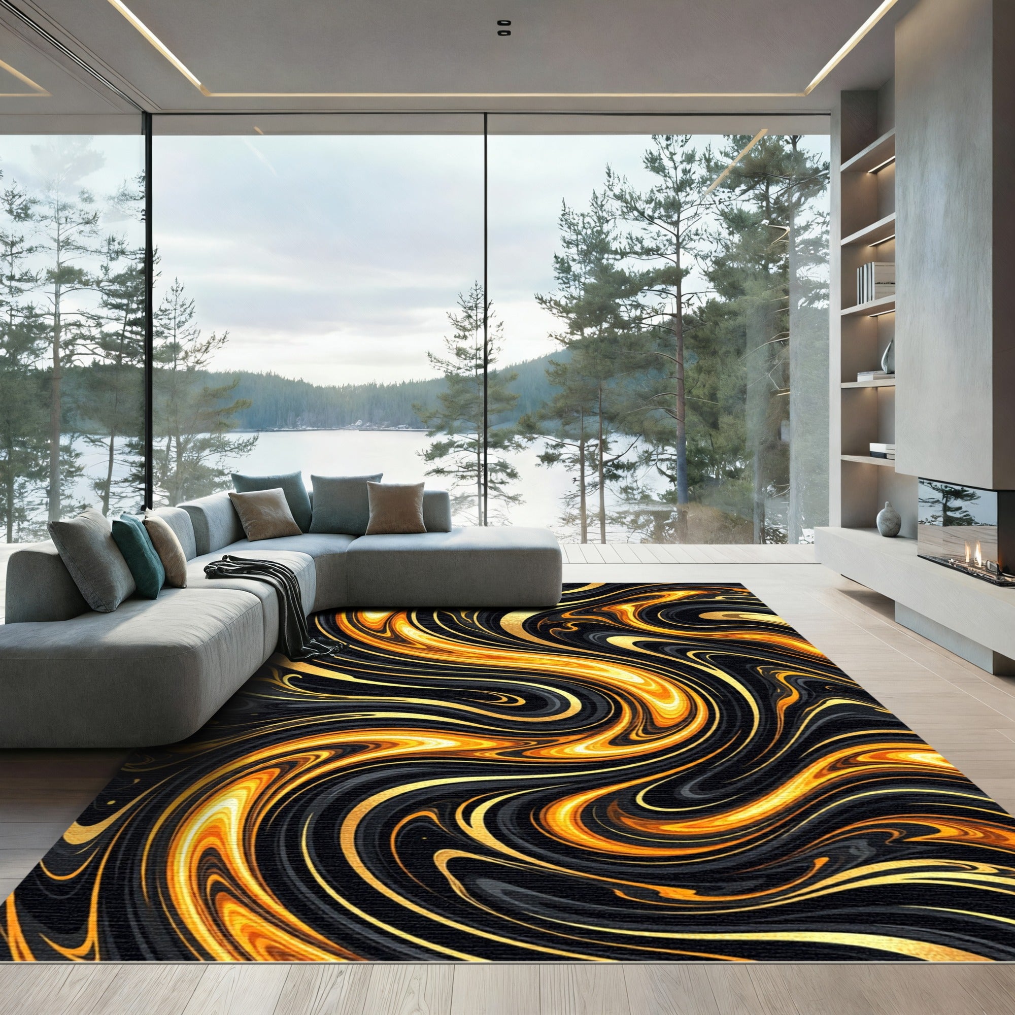 Luxury Black Gold Swirl Marble Rug