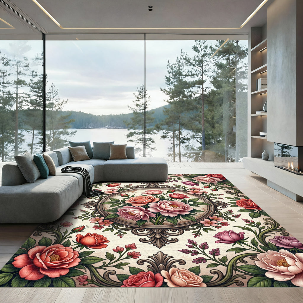 Vintage Victorian Floral Rose Medallion Rug