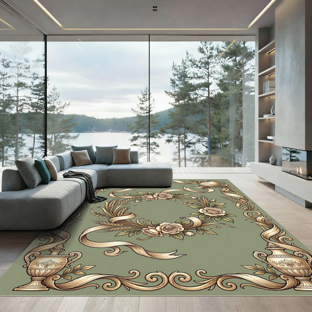 Vintage Ivory Rose Wheat Ribbon Frame Rug