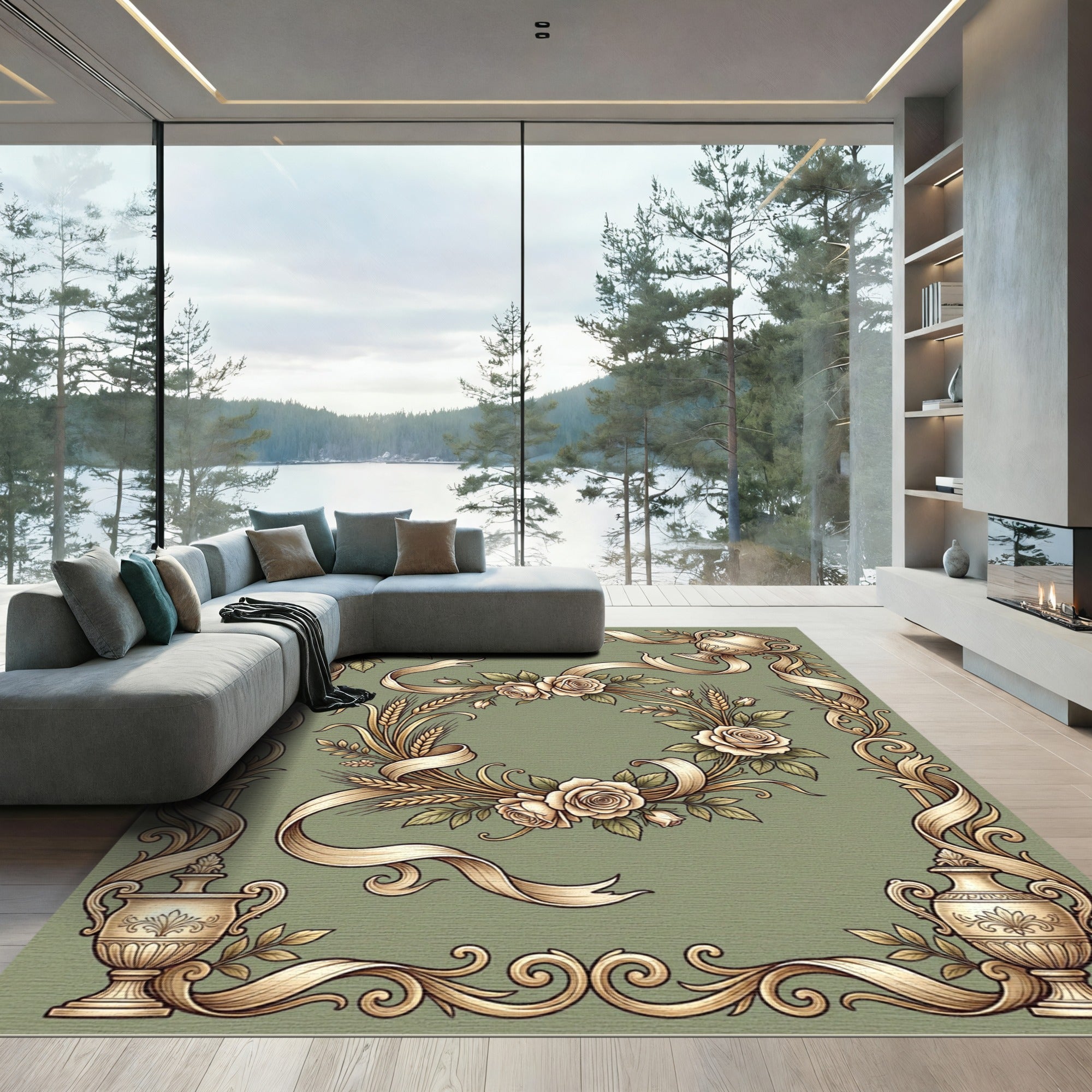 Vintage Ivory Rose Wheat Ribbon Frame Rug