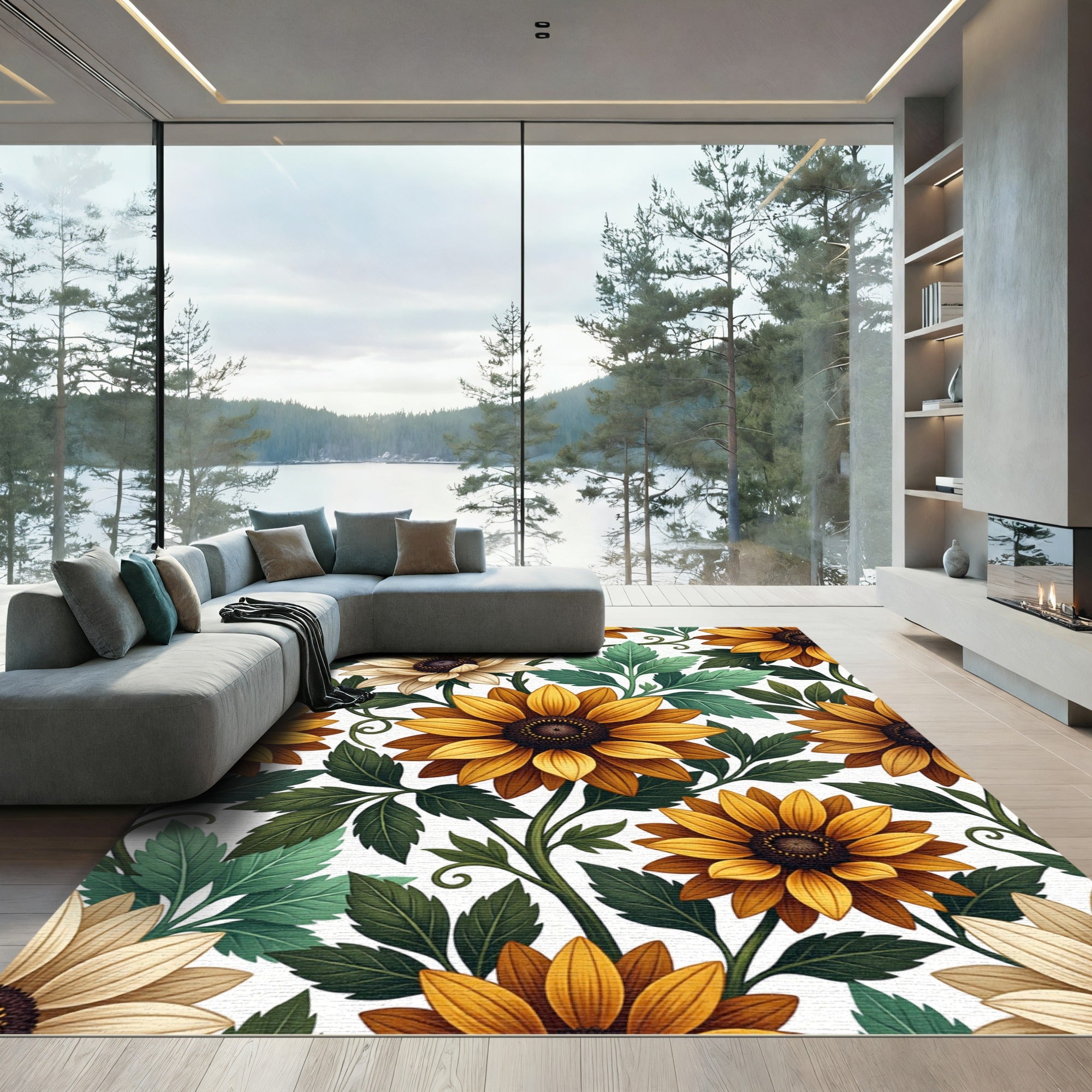 Golden Sunflowers with Verdant Foliage Rug