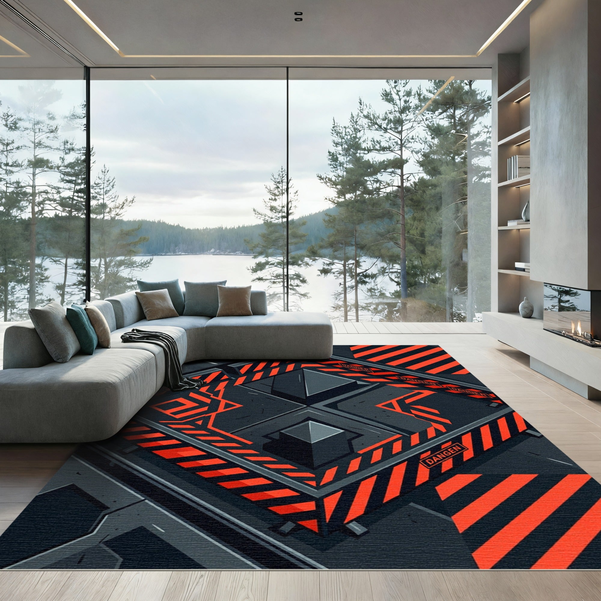 Industrial Black and Orange Hazard Geometric Rug