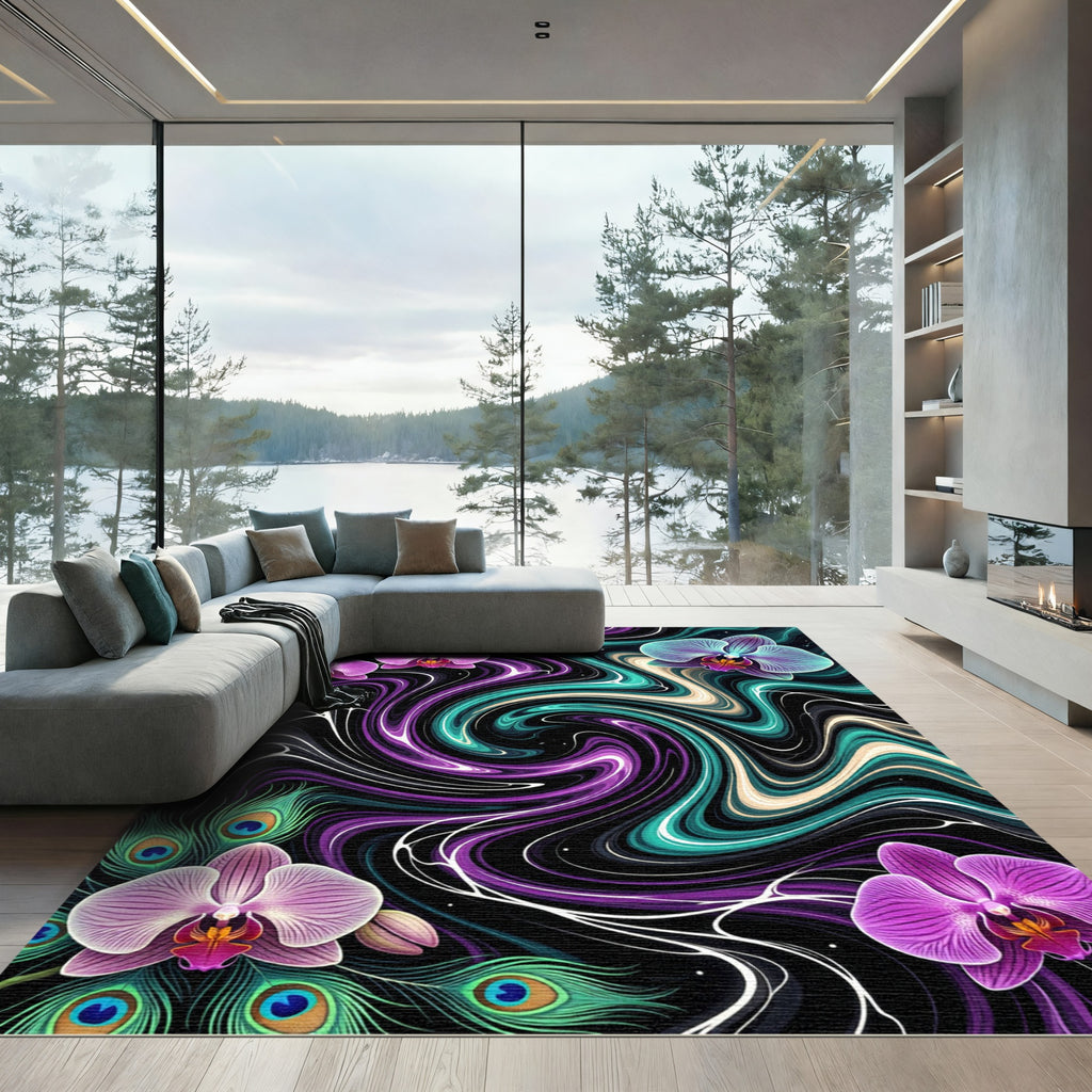 Abstract Orchid Swirl Peacock Feather Rug