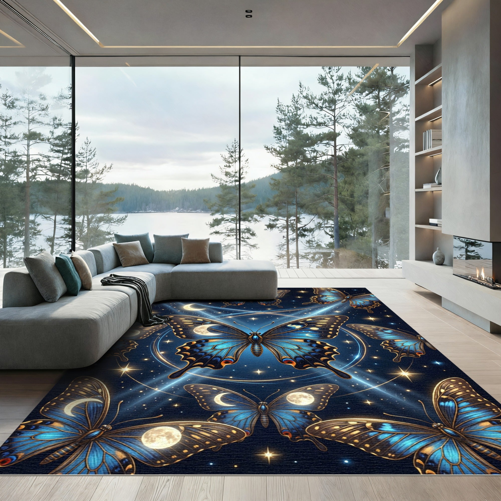 Celestial Blue Butterfly Moon Starry Sky Rug