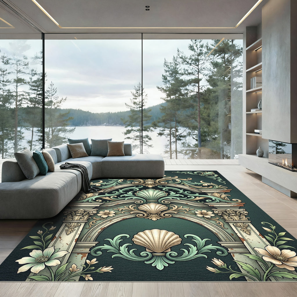 Ornate Teal Shell Floral Arch Rug