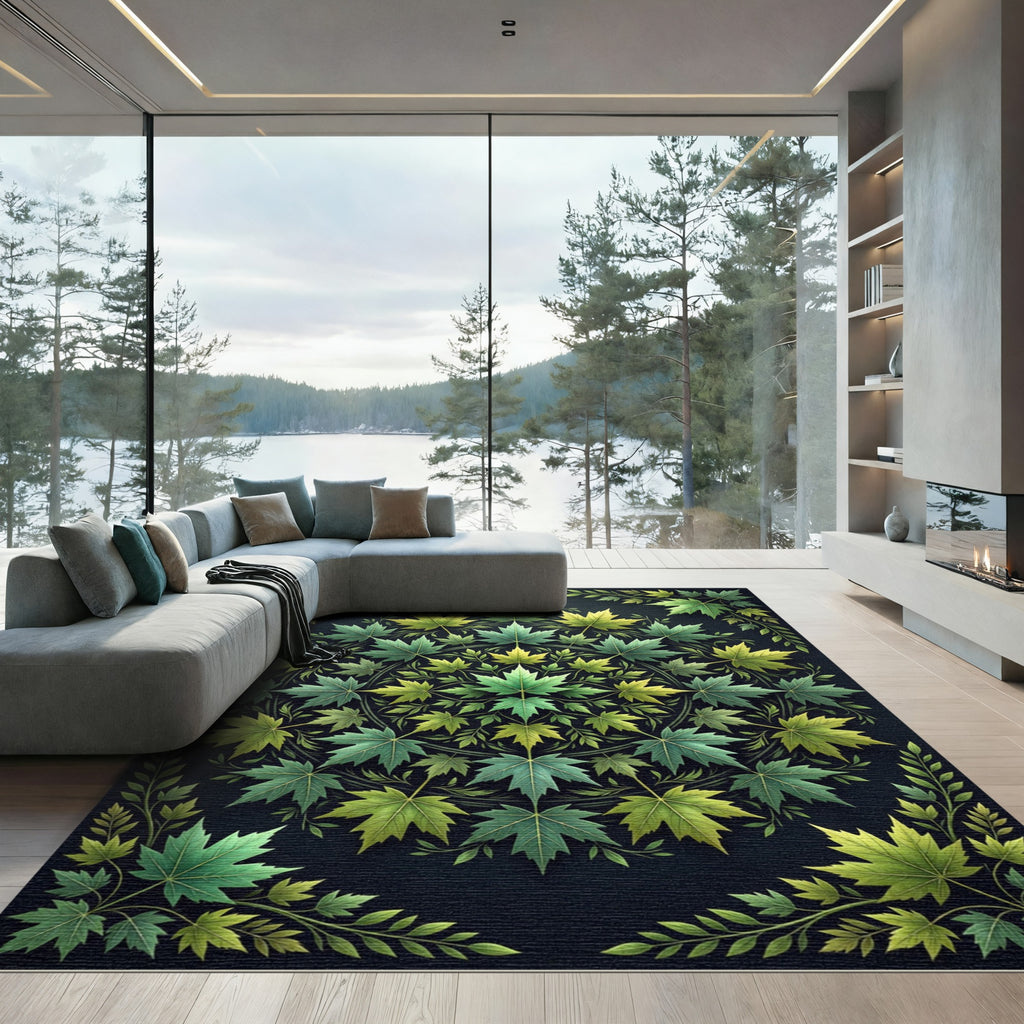 Earthy Green Maple Leaf Mandala Rug