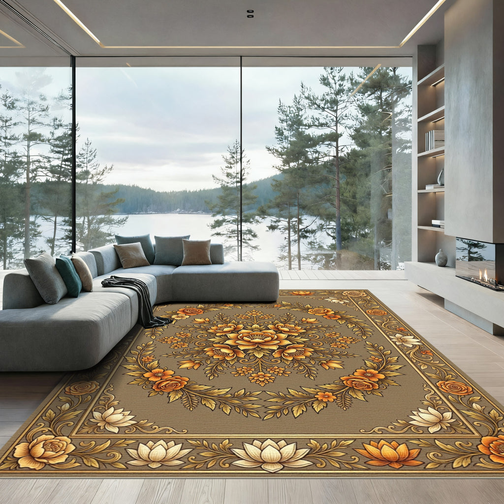 Golden Floral Medallion Harvest Ochre Rug