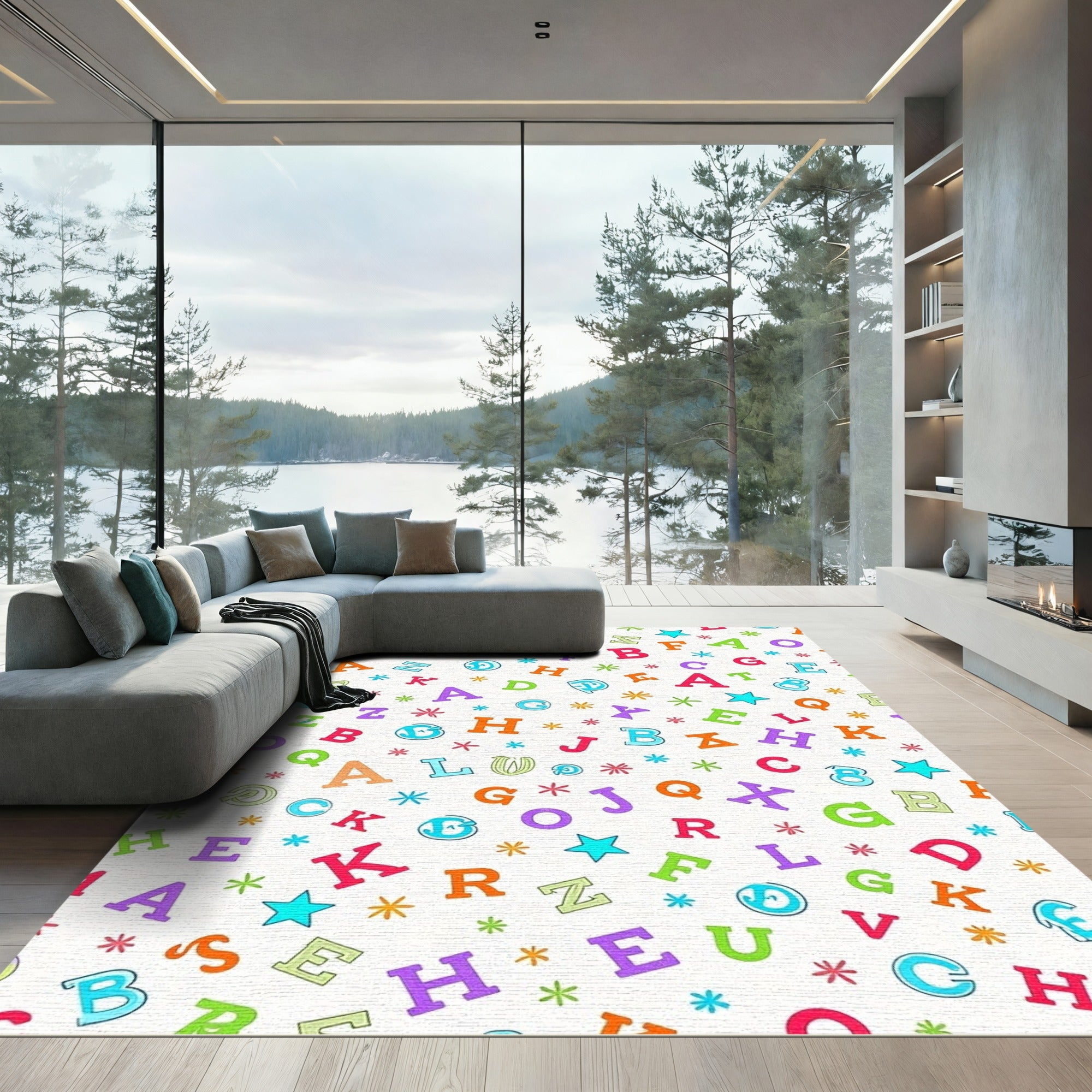 Colorful Alphabet Scattered Stars Rug