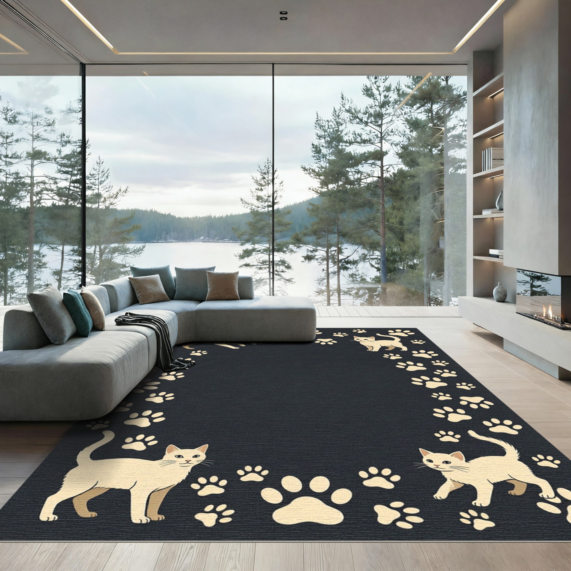 Cream Cat and Paw Illustration Rug