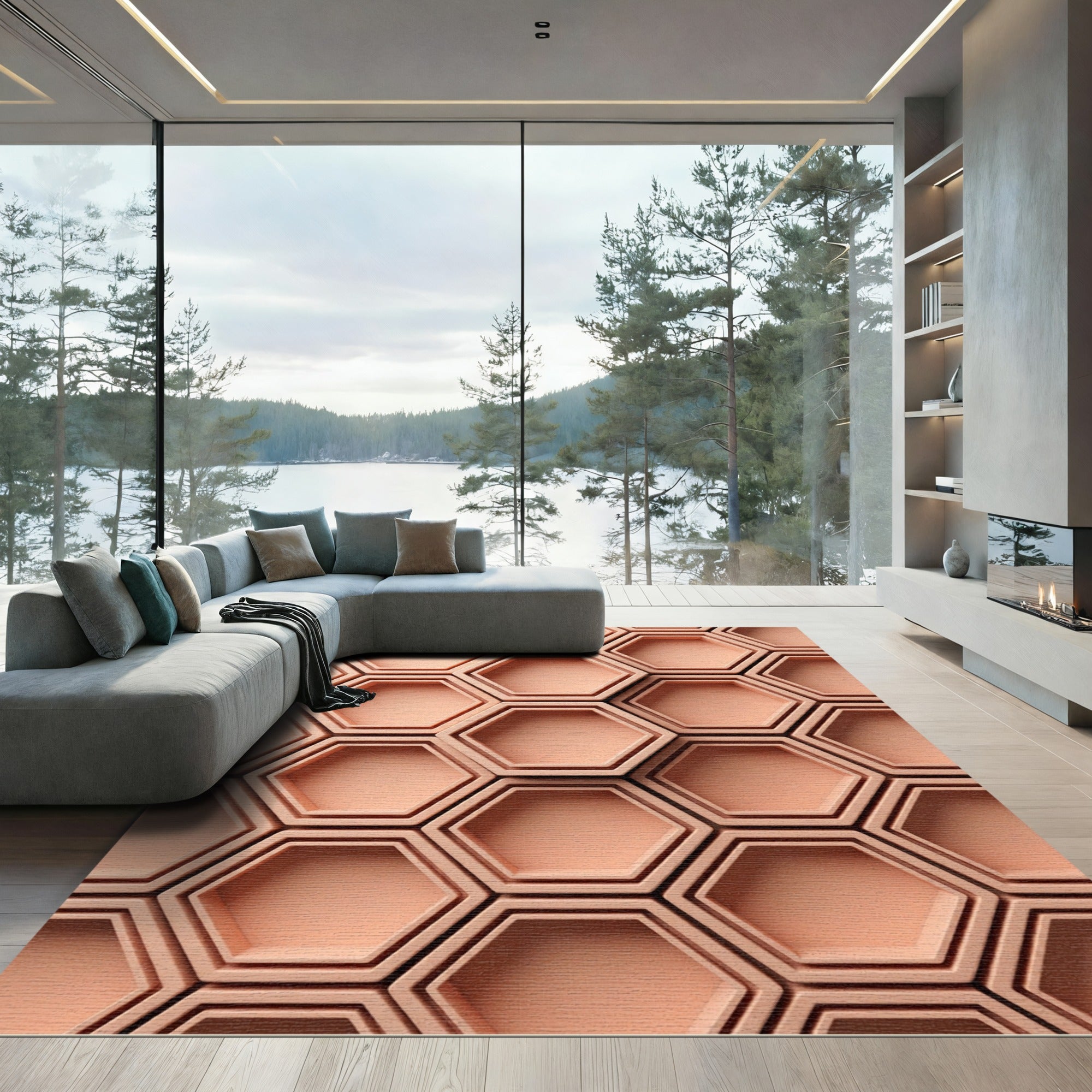 Peach Hexagon Layered Geometric Relief Rug