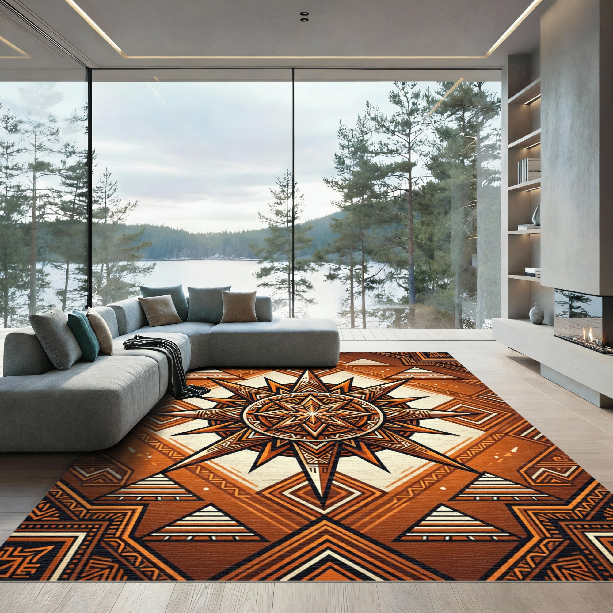 Geometric Amber Sunburst Star Tapestry Rug