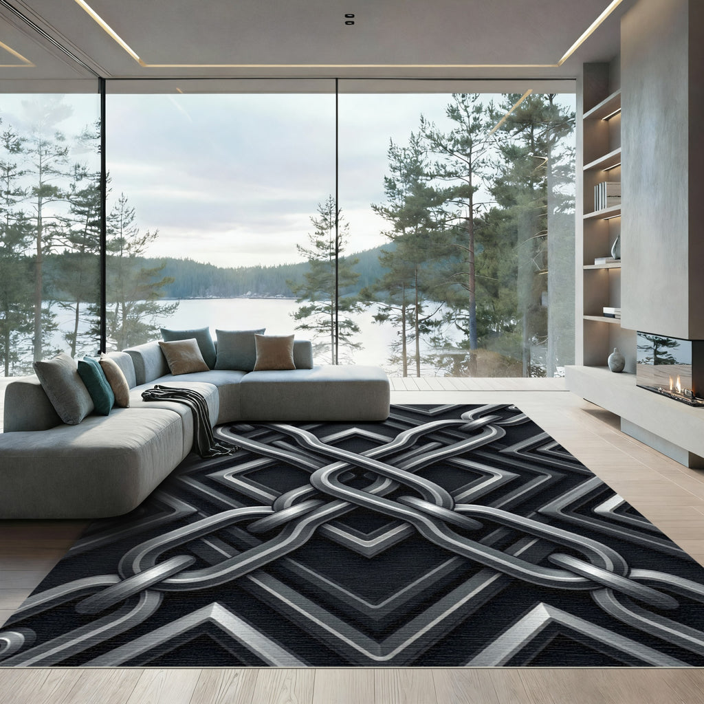 Metallic Interlocking Chain Geometric Slate Rug