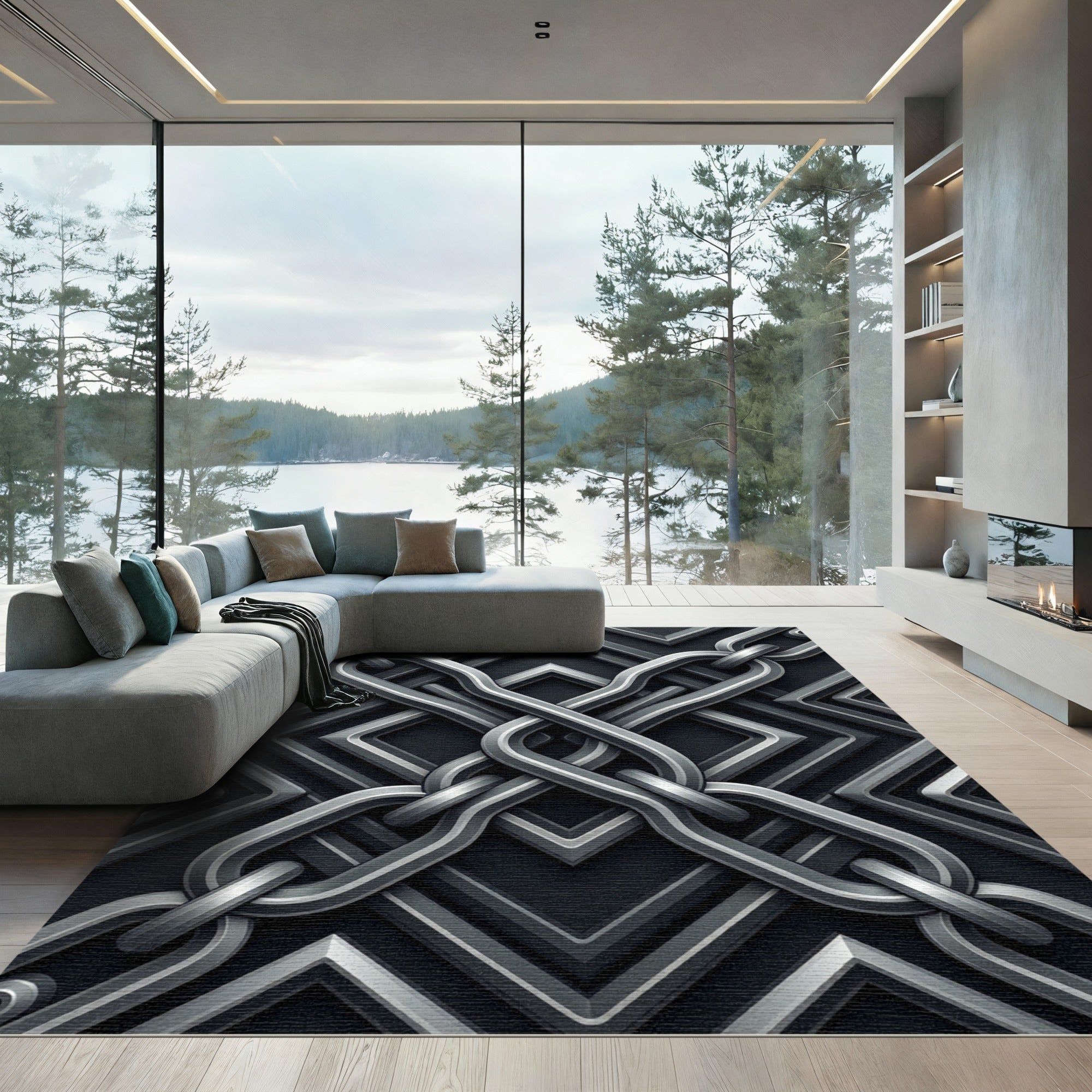 Metallic Interlocking Chain Geometric Slate Rug