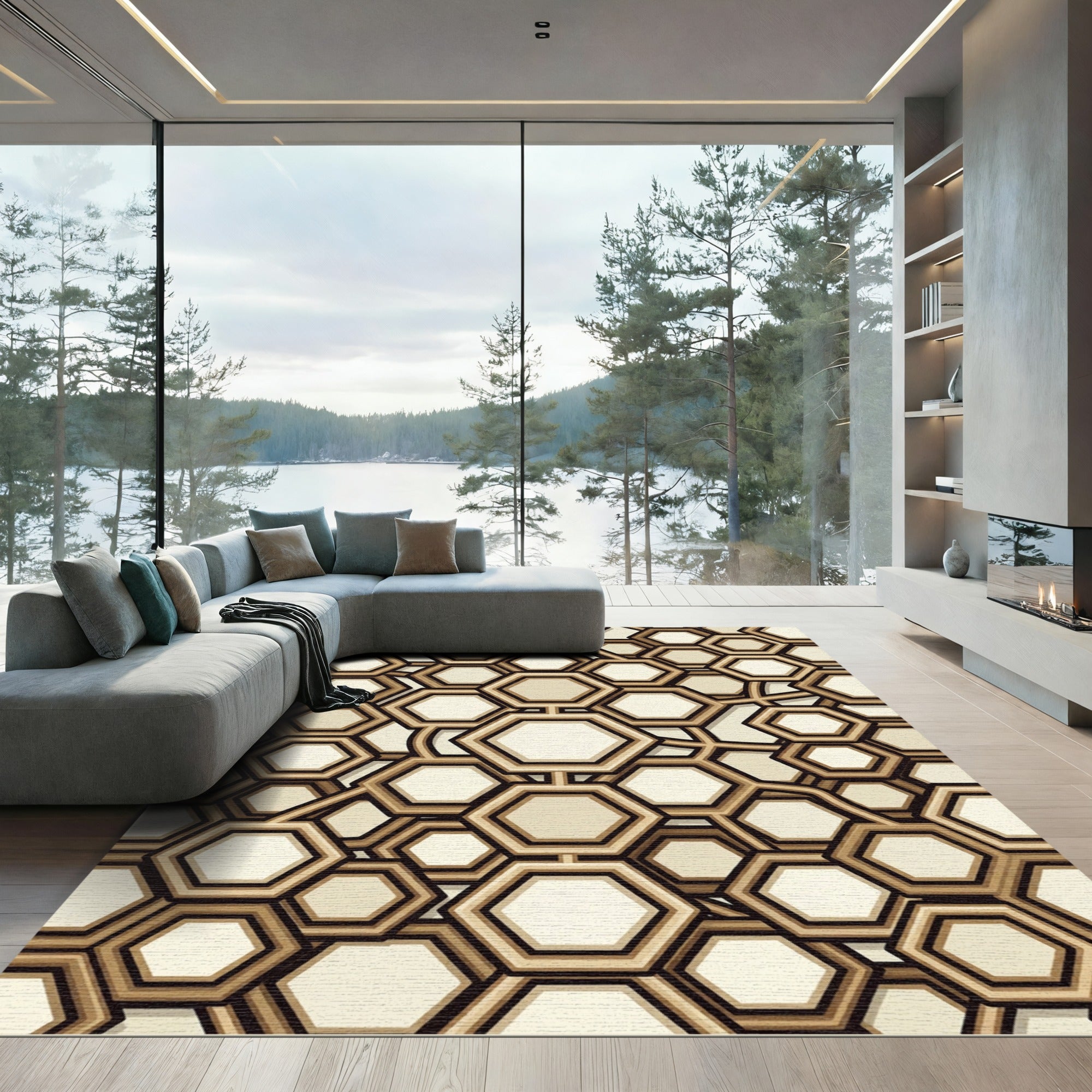 Tapestry Hexagon Interlocking Tan Rug