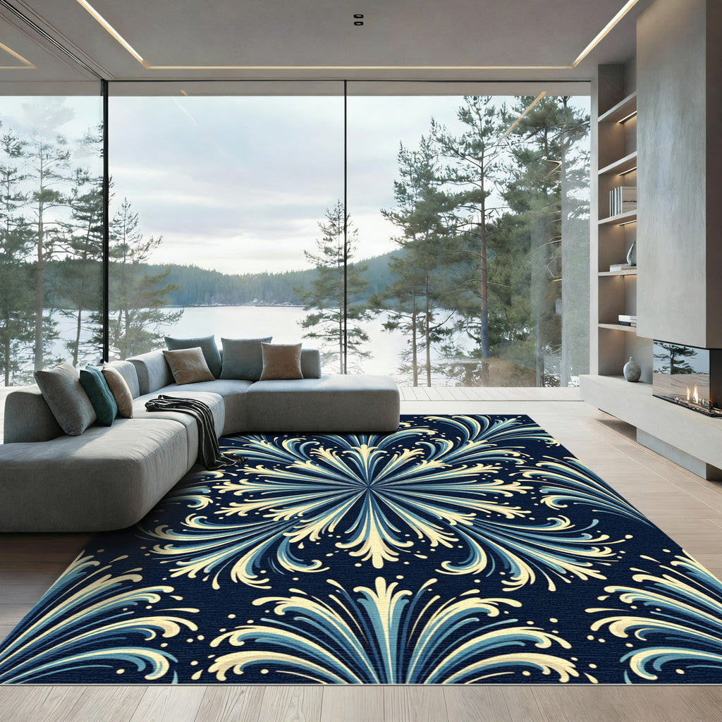 Navy Blue Cream Elegant Floral Swirl Rug