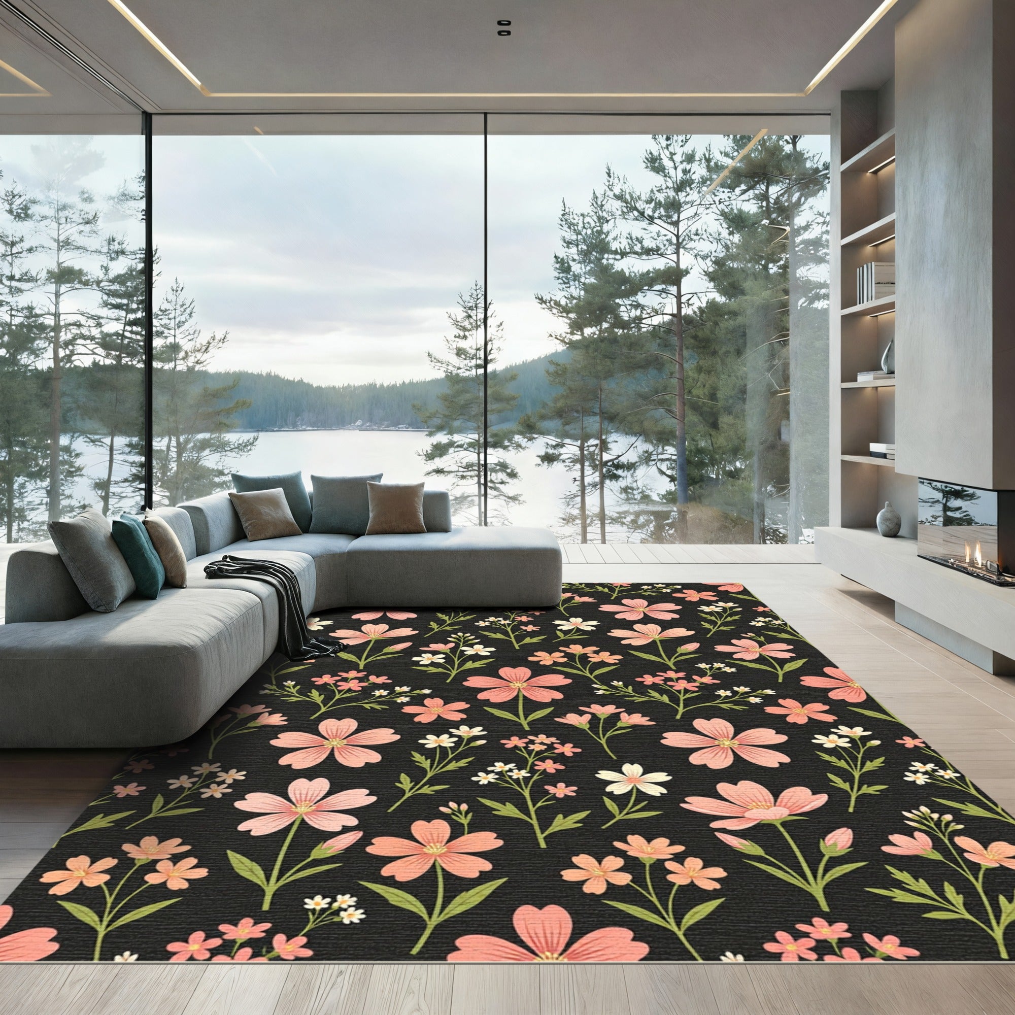 Coral Pink Floral Sprigs Dark Rug