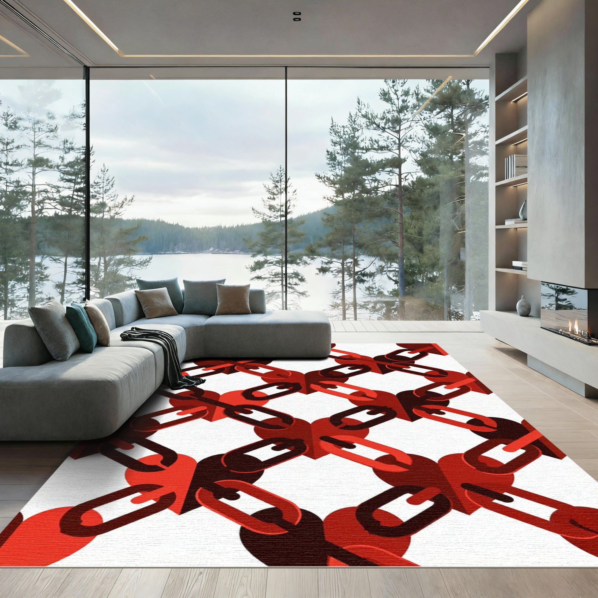 Interlocking Crimson Heart Chain Lattice Rug