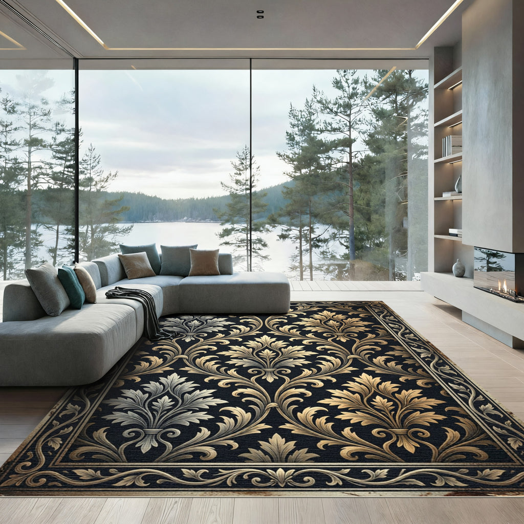 Elegant Gold and Charcoal Damask Scroll Rug