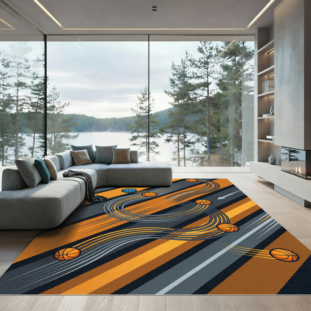 Dynamic Orange and Blue Swirling Basketball Rug
