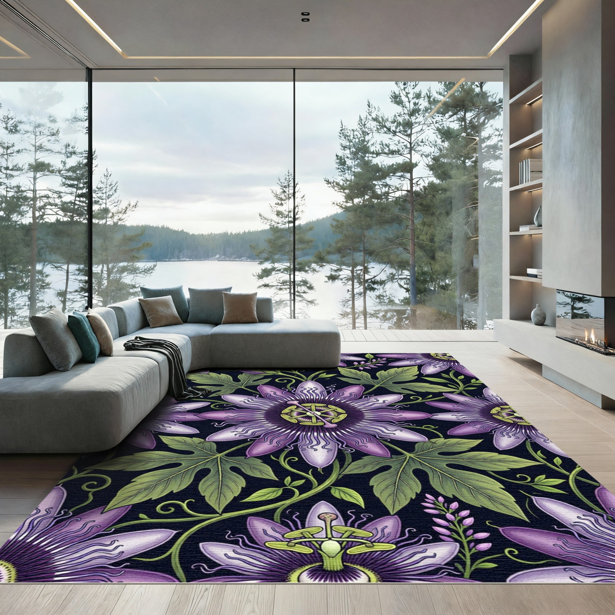 Elegant Violet Passionflower Botanical Garden Rug