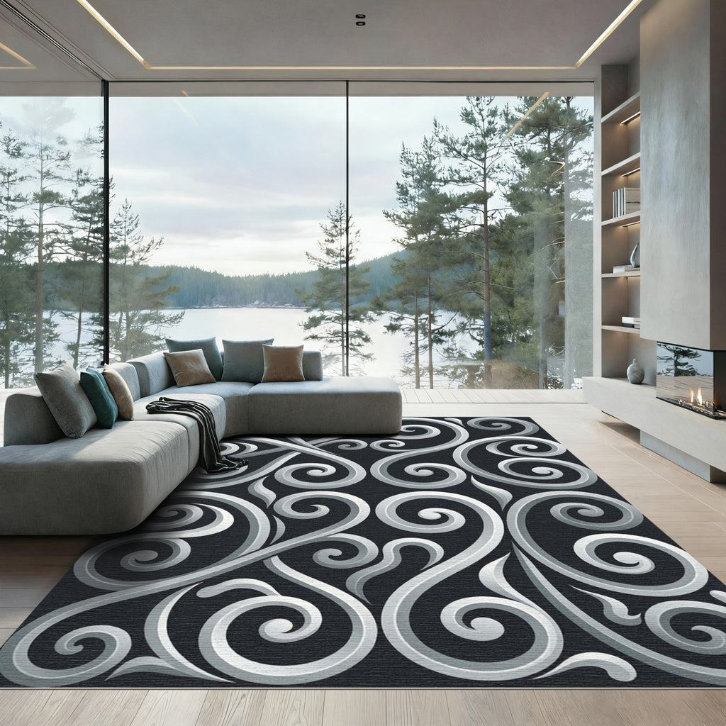 Silver Monochrome Elegant Swirl Scroll Rug