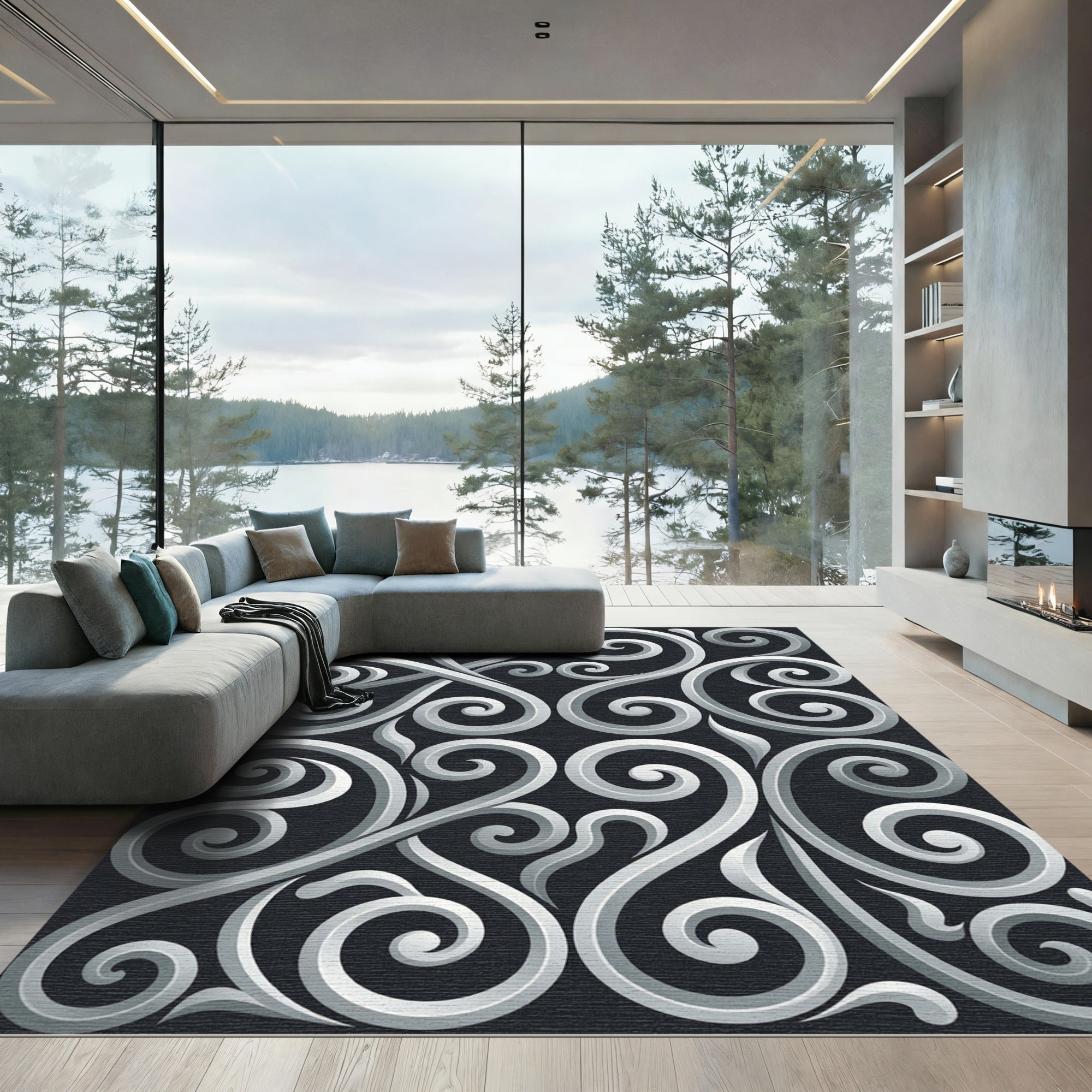 Silver Monochrome Elegant Swirl Scroll Rug
