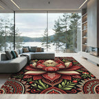 Crimson Lotus Mandala Black Background Rug