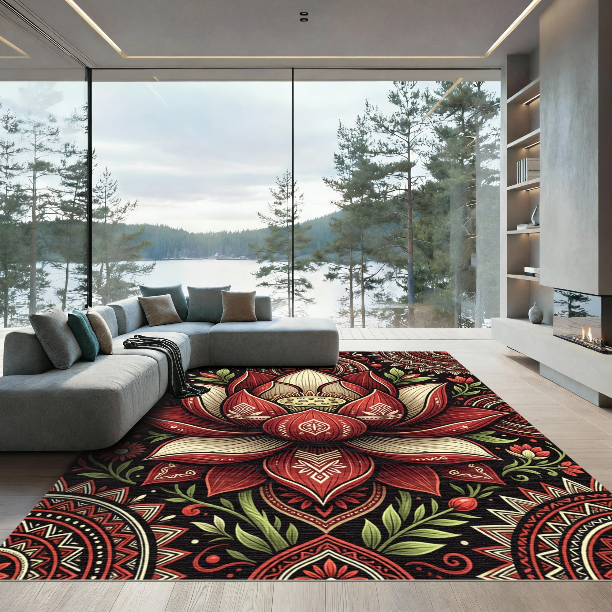 Crimson Lotus Mandala Black Background Rug