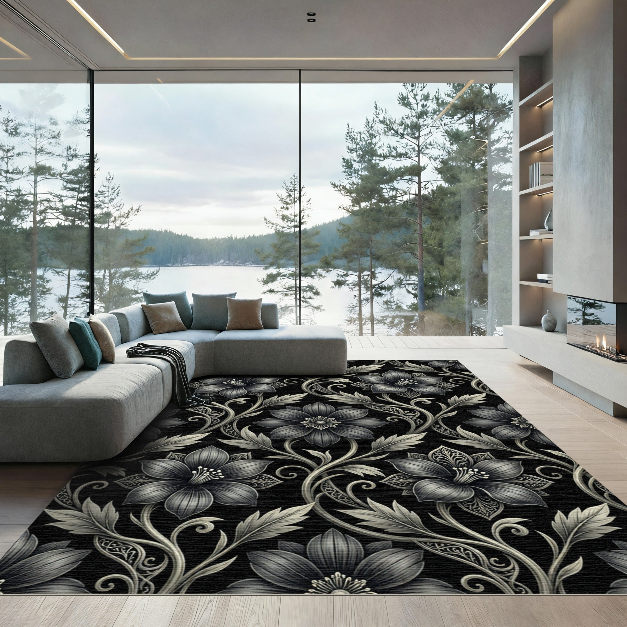 Monochromatic Floral Vine Scroll Rug