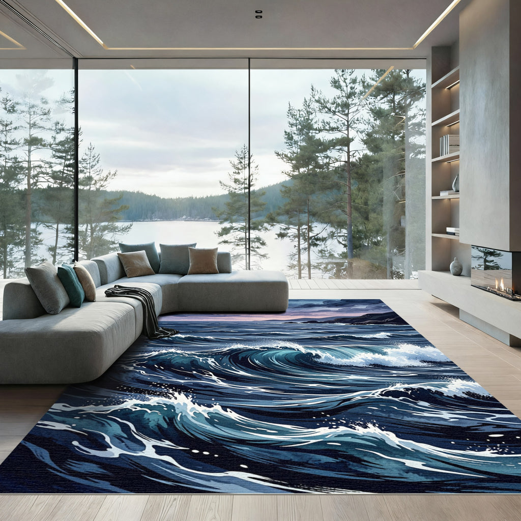 Deep Blue Crashing Ocean Wave Rug