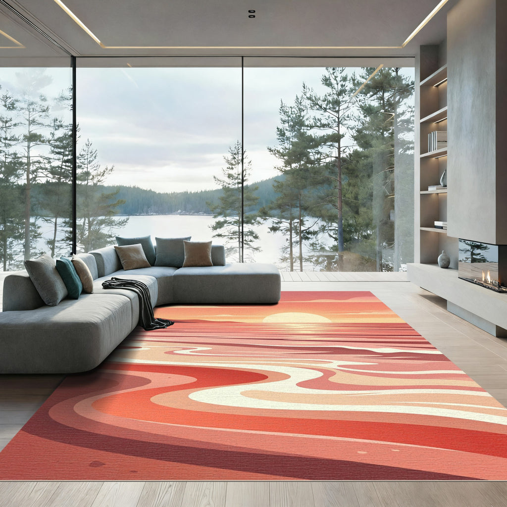 Coral Sunset Abstract Wave Rug