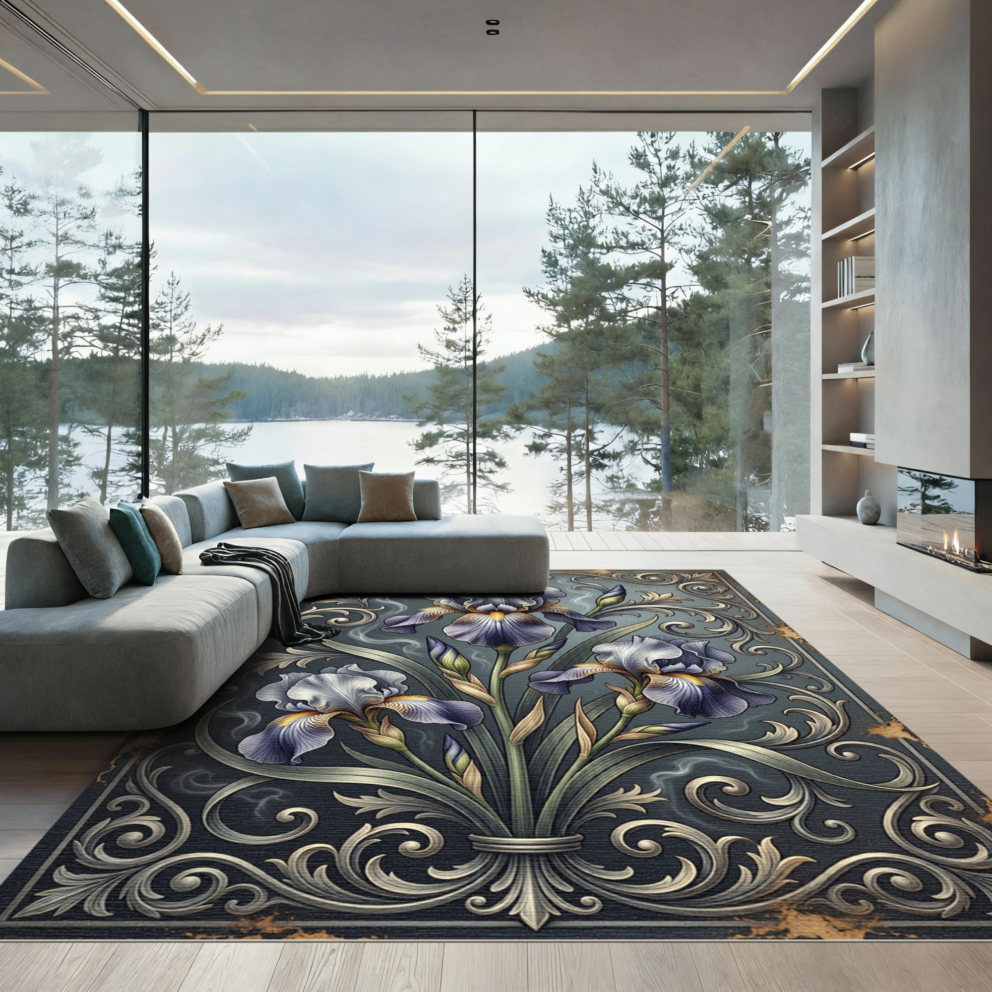 Elegant Lavender Iris Floral Scrollwork Rug