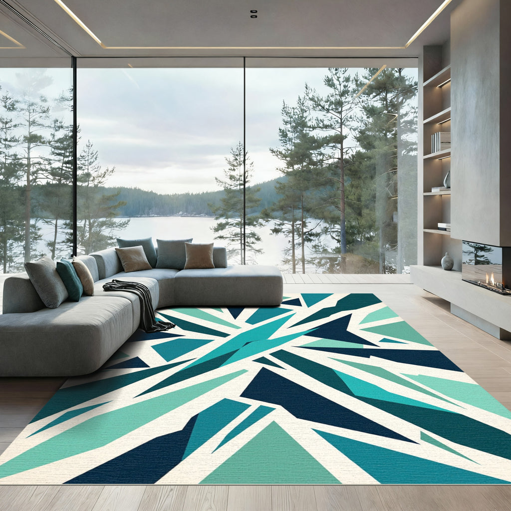 Deep Teal Shattered Geometric Burst Rug