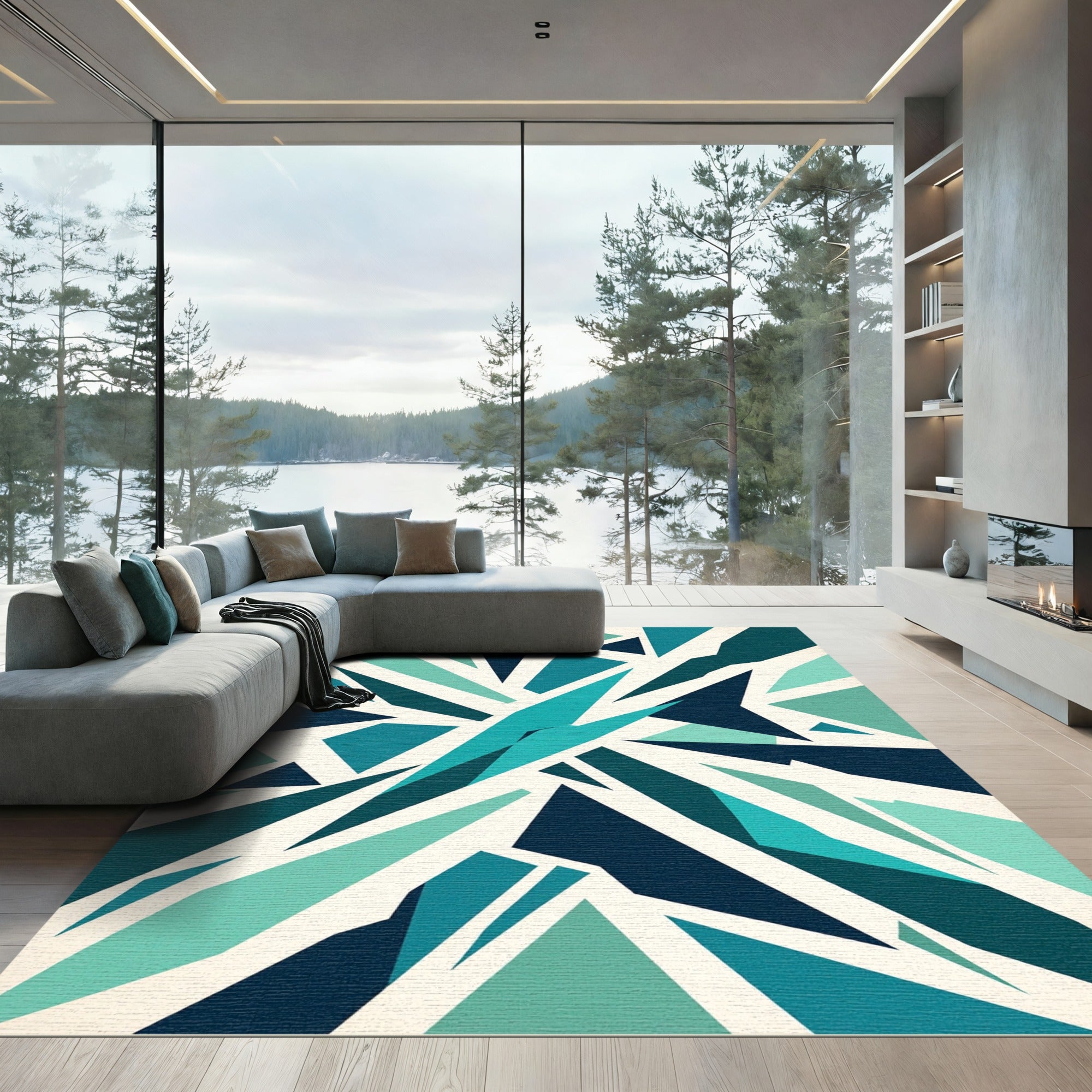Deep Teal Shattered Geometric Burst Rug