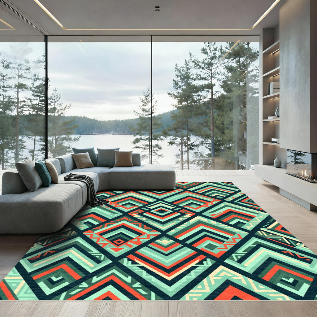 Coral Teal Geometric Diamond Chevron Rug