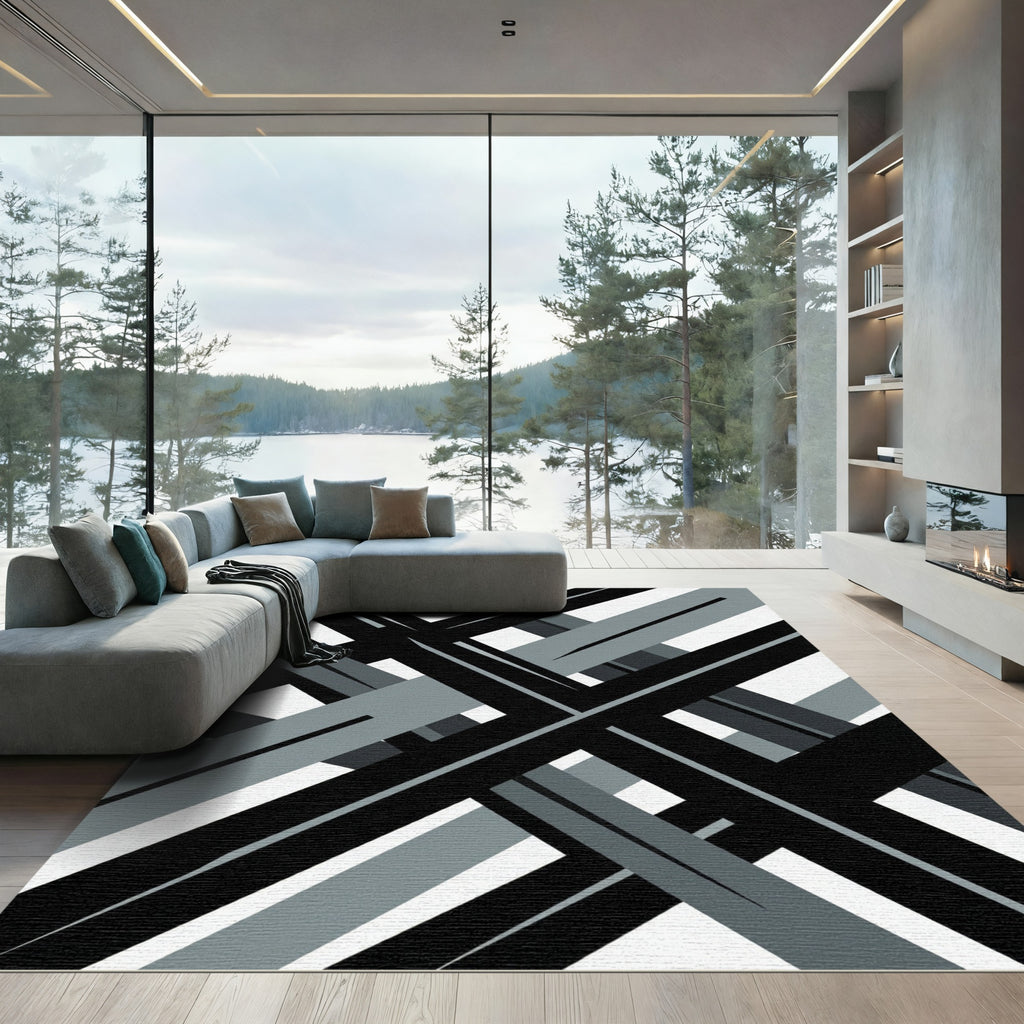 Modern Monochrome Geometric Abstract Lines Rug