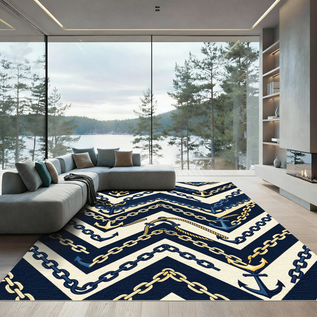 Navy Gold Nautical Chevron Chain Anchor Rug