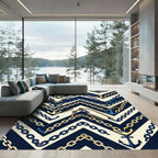 Navy Gold Nautical Chevron Chain Anchor Rug