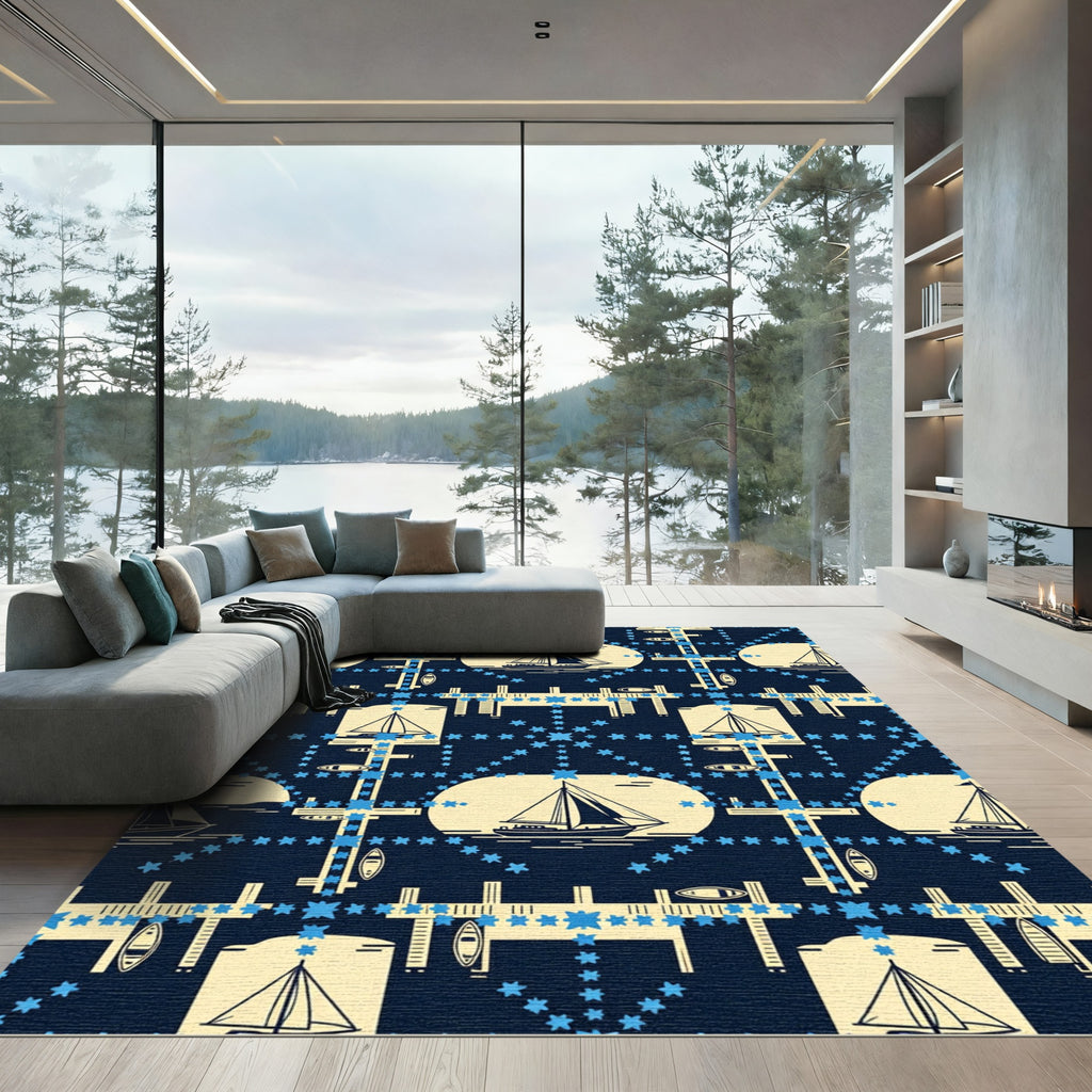 Navy Blue Nautical Sailboat Starry Grid Rug