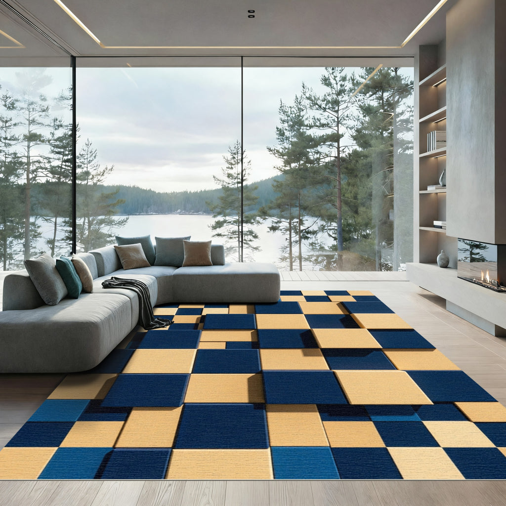 Modern Deep Blue and Cream Block Grid Rug