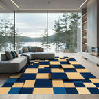 Modern Deep Blue and Cream Block Grid Rug