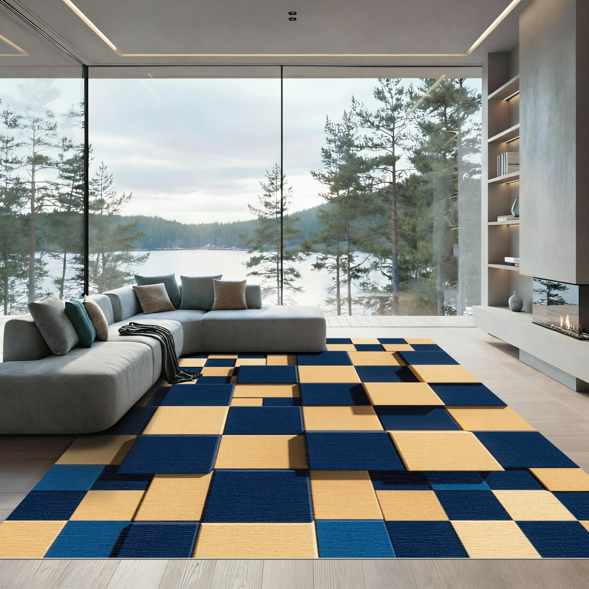 Modern Deep Blue and Cream Block Grid Rug