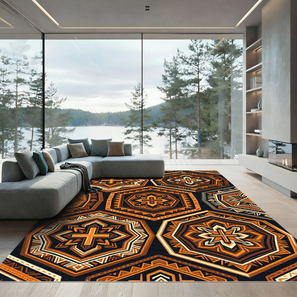 Geometric Amber Hexagon Cross Tile Rug