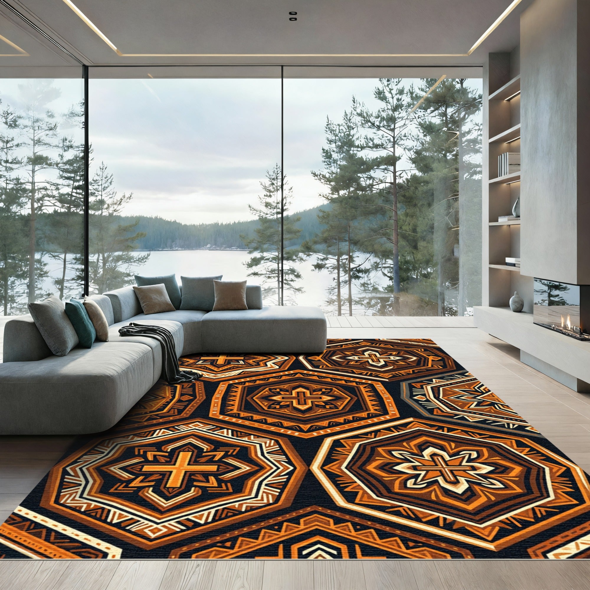 Geometric Amber Hexagon Cross Tile Rug