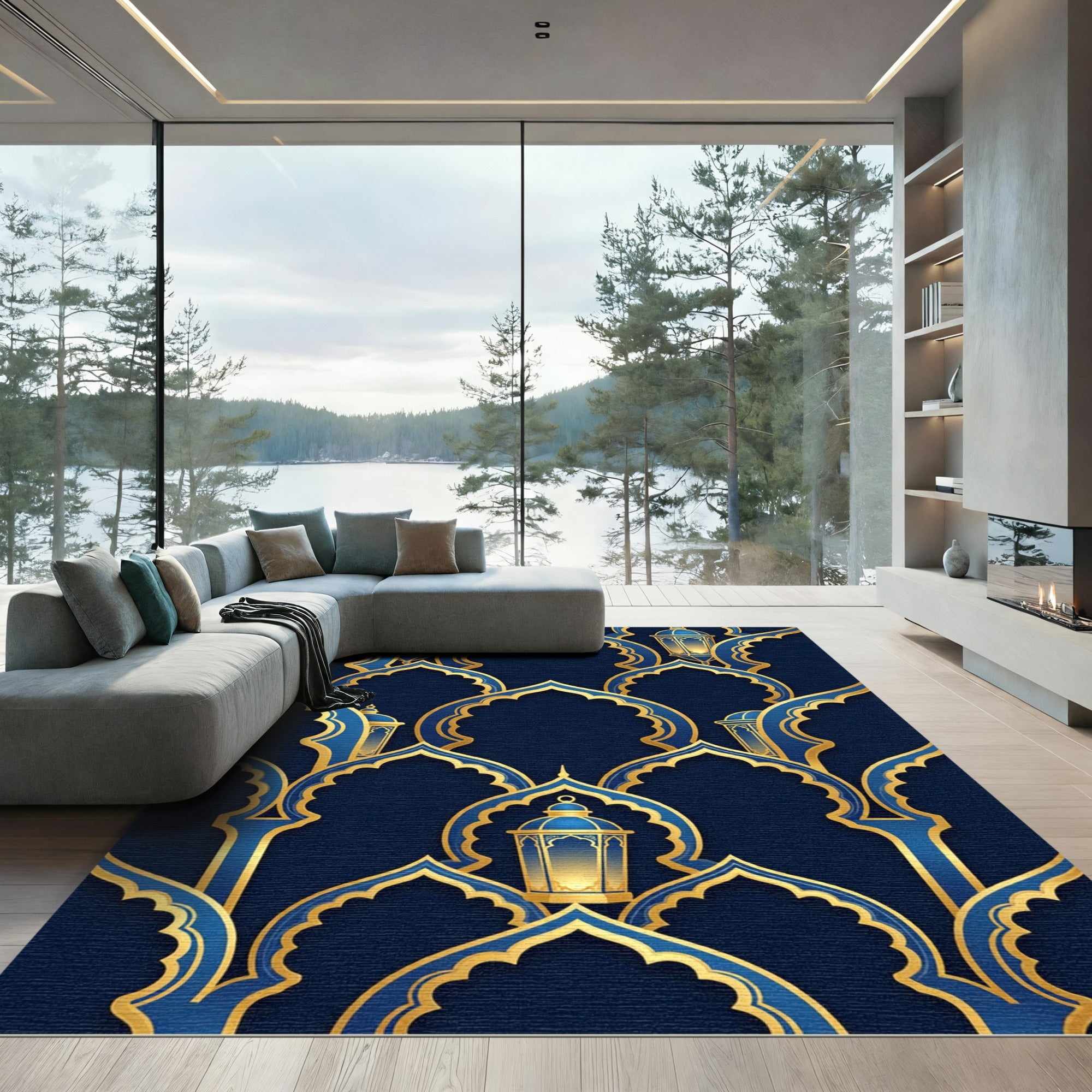 Elegant Navy Gold Arch Lantern Rug