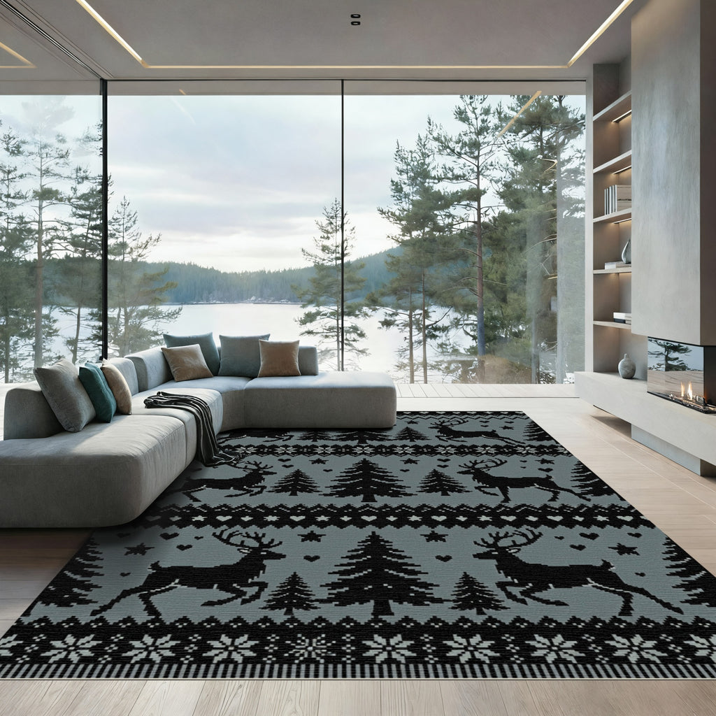 Black Deer Forest Nordic Knit Rug