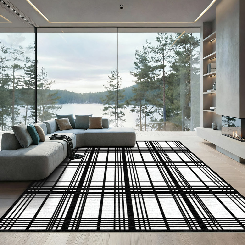 Bold Black White Contemporary Plaid Rug