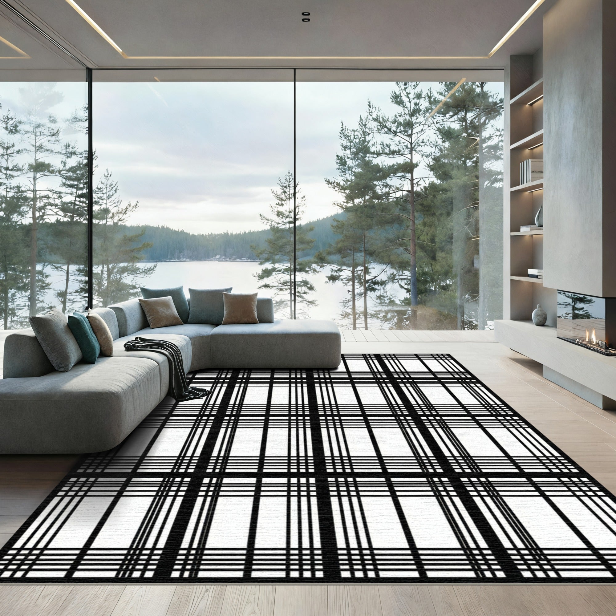 Bold Black White Contemporary Plaid Rug